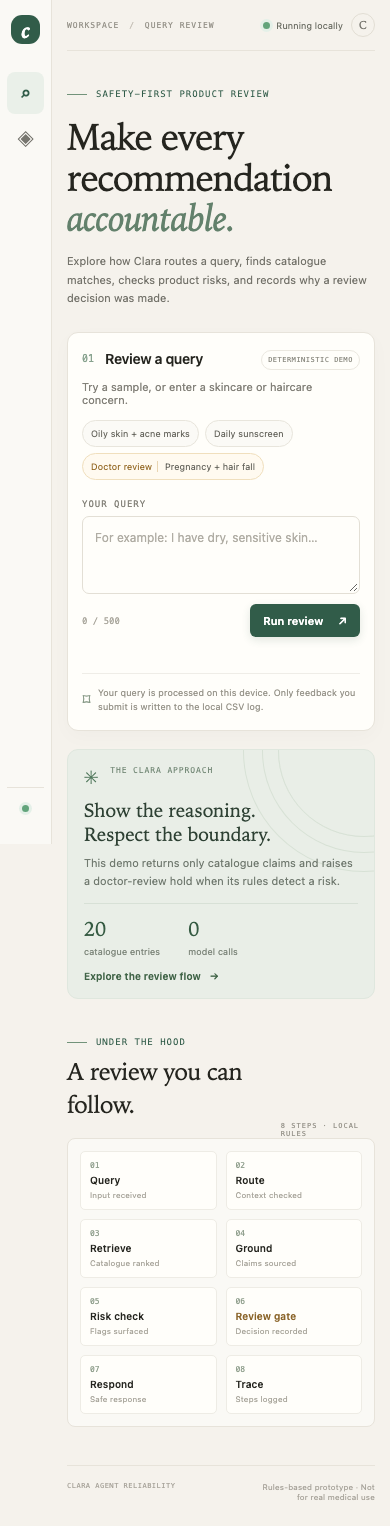 Existing narrow-screen screenshot of the local Clara workspace