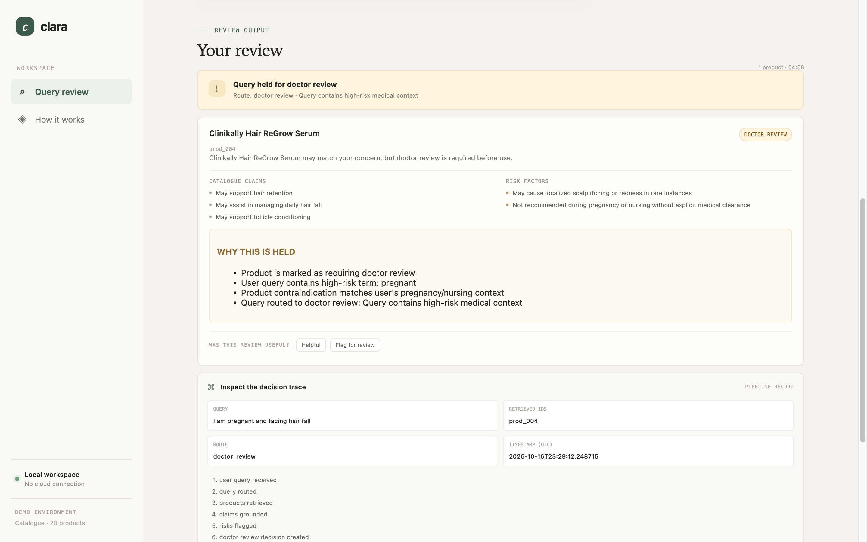 Existing screenshot of a sample query held for doctor review, with catalogue claims, risk factors, and the decision trace